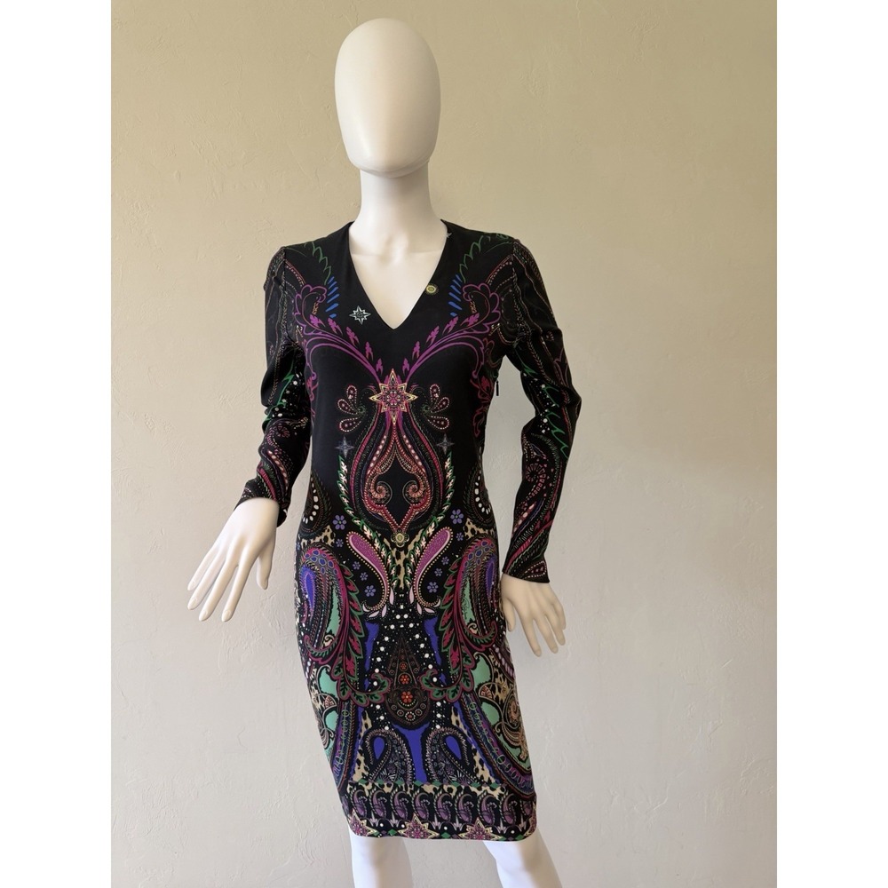 Roberto Cavalli Paisley Sheath Dress Long Sleeve Multicolor Knee Size 40